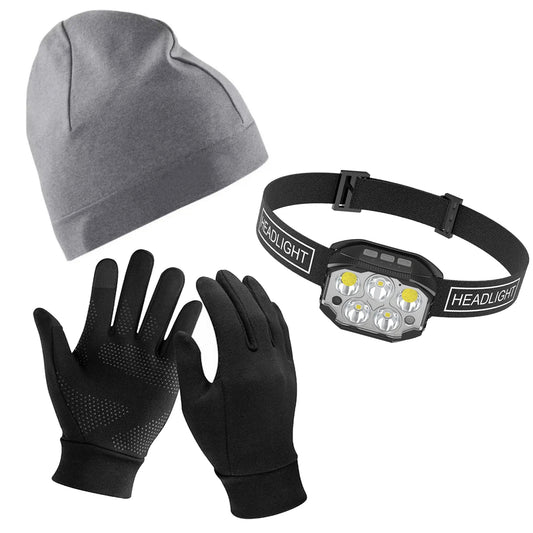 3-Piece Cold Weather Safety Kit: Headlamp, Gloves and Skullcap